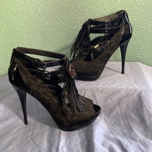 2 Lips Too black lace and patent leather high heels